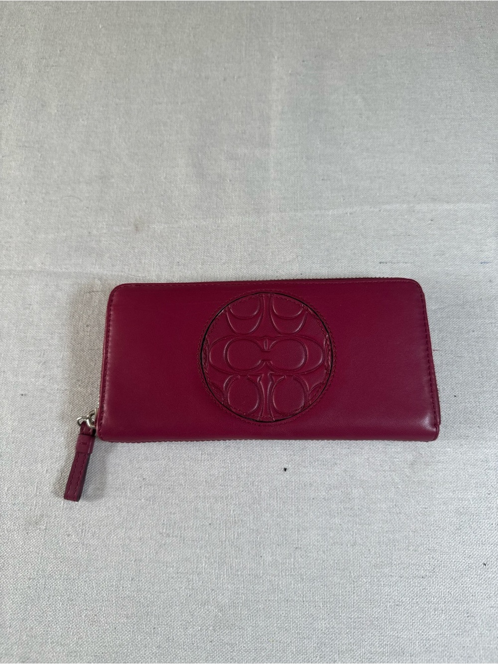 Coach Burgundy Leather Accordion Zip Around Wallet Embossed Signature Coach Logo
